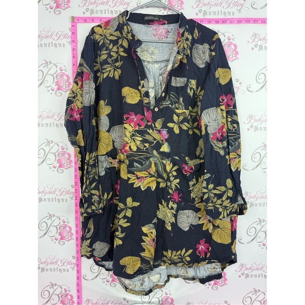 Zanzea Black Floral Button-Up Blouse with Gold and Pink Accents